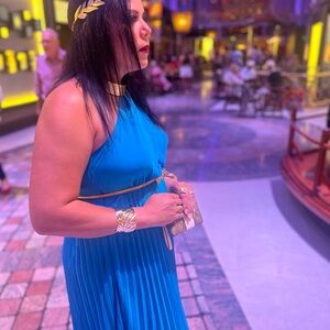 Bright Blue One-Shoulder Pleated Maxi Dress